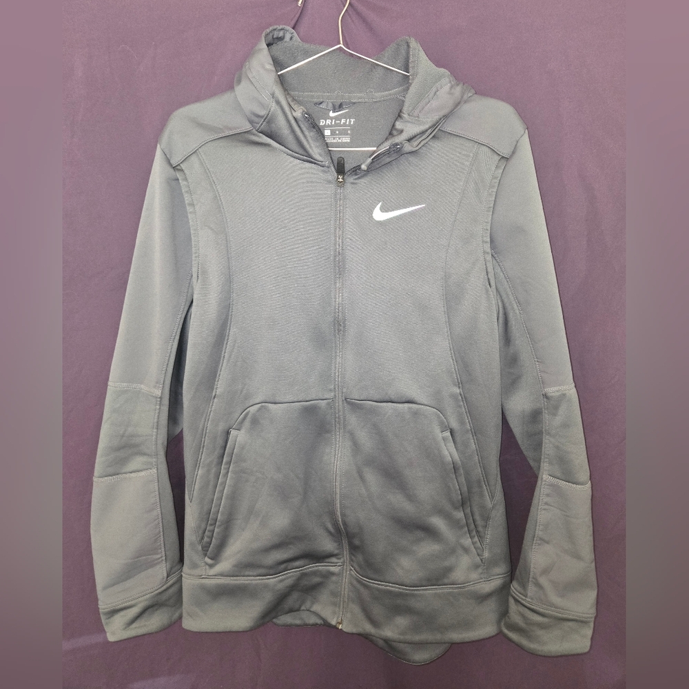 Nike Hoodie Mens L Gray  Full Zip Training DriFit Swoosh Sweatshirt Run
